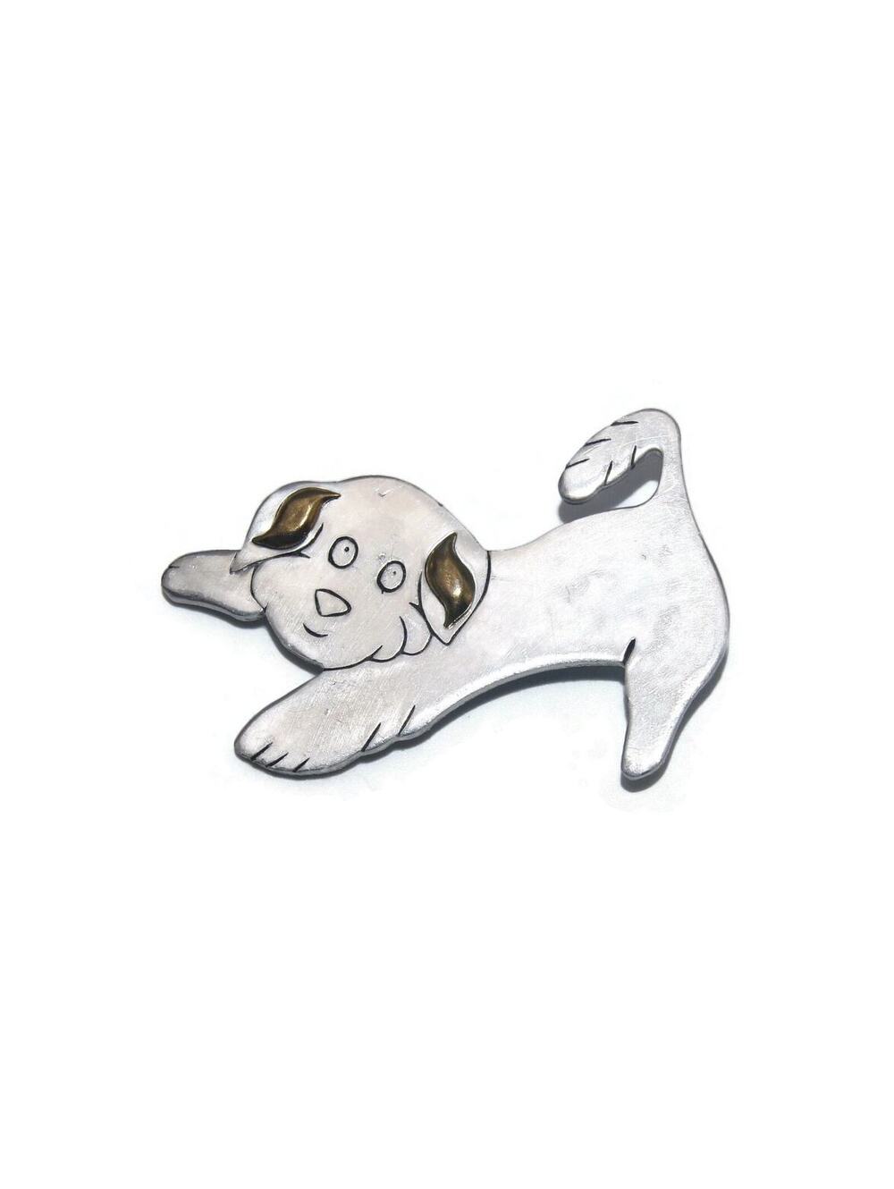 Stylized Dog Brooch, Silver Tone with Brass Detail.